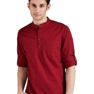 Zombom Cotton Blend Solid Casual Regular Fit Mandarin/Chinese Collor Short Kurta for Men