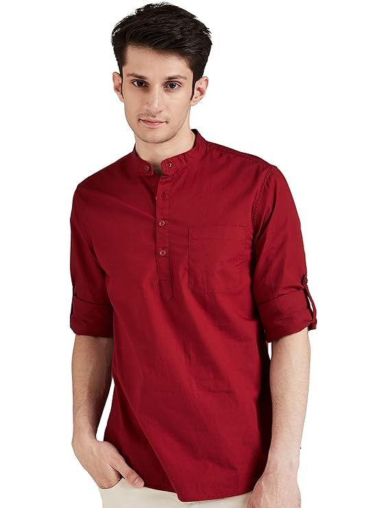 Zombom Cotton Blend Solid Casual Regular Fit Mandarin/Chinese Collor Short Kurta for Men